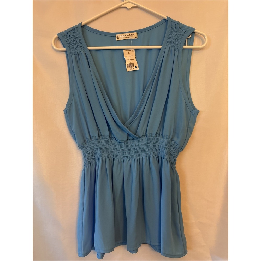 Jon & Anna Contemporary Blue Smocked Peplum Deep V-Neck Blouse Small NWT